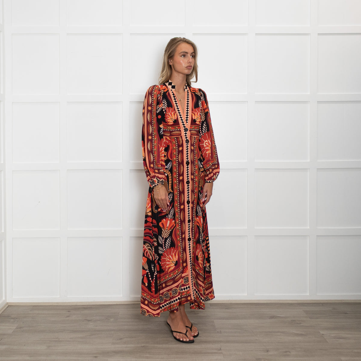 Farm Rio Orange Toned Patterned Maxi Dress with Grandad Collar
