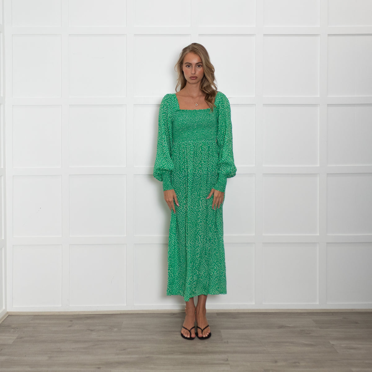Rixo Green Micro Floral Shirred Waist Midi Dress