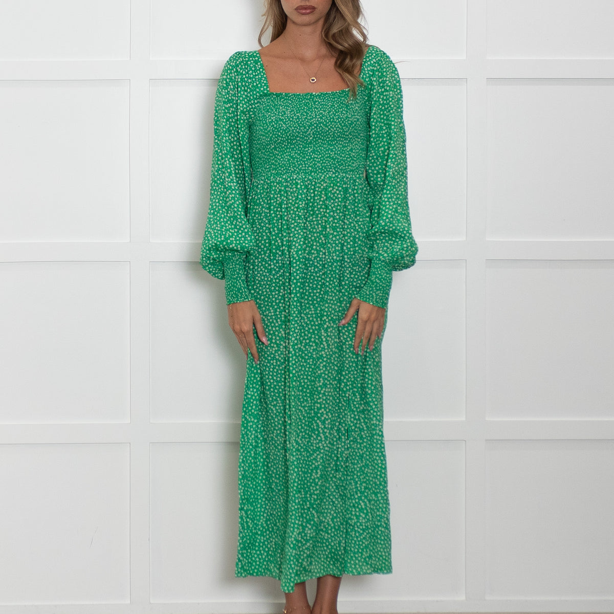 Rixo Green Micro Floral Shirred Waist Midi Dress