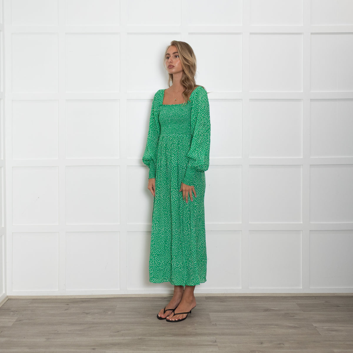 Rixo Green Micro Floral Shirred Waist Midi Dress