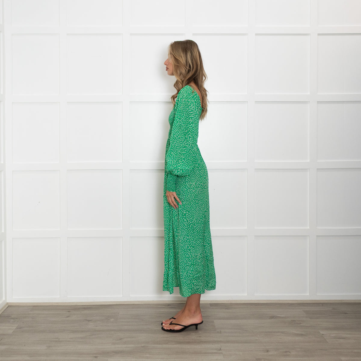 Rixo Green Micro Floral Shirred Waist Midi Dress