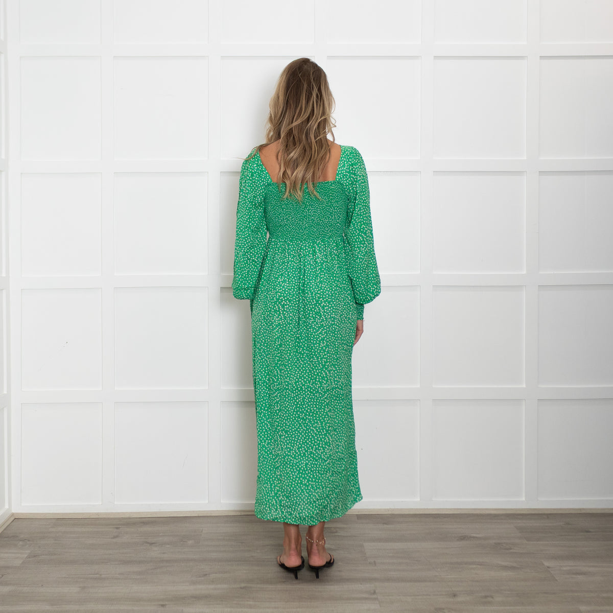 Rixo Green Micro Floral Shirred Waist Midi Dress