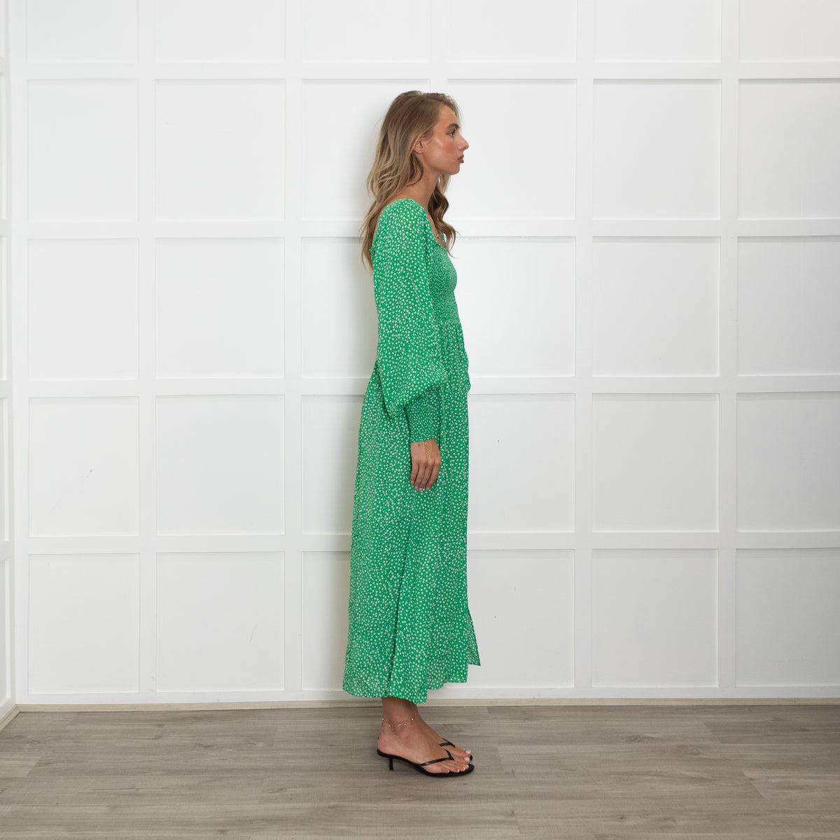 Rixo Green Micro Floral Shirred Waist Midi Dress