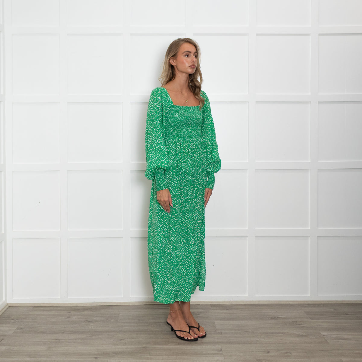Rixo Green Micro Floral Shirred Waist Midi Dress