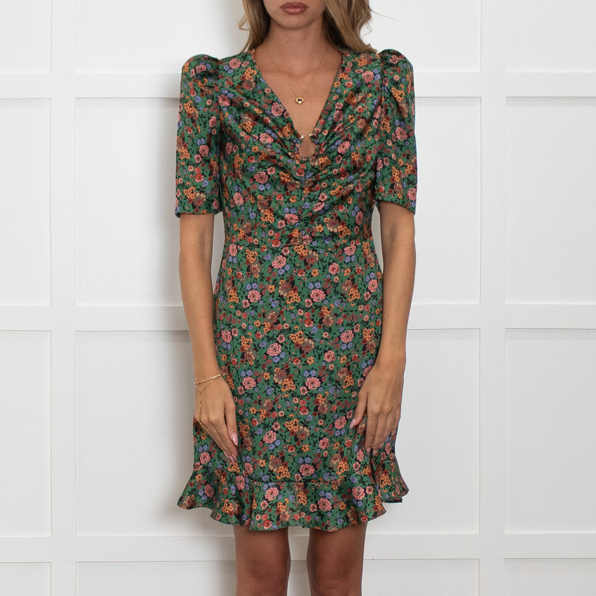 Sandro Green Floral Puff Sleeve Mini Dress with Jewelled U Ring