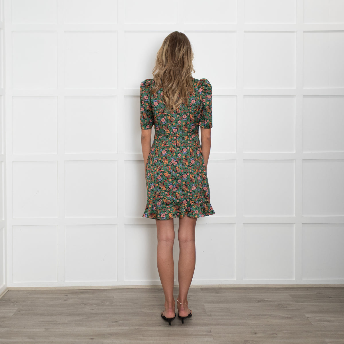 Sandro Green Floral Puff Sleeve Mini Dress with Jewelled U Ring