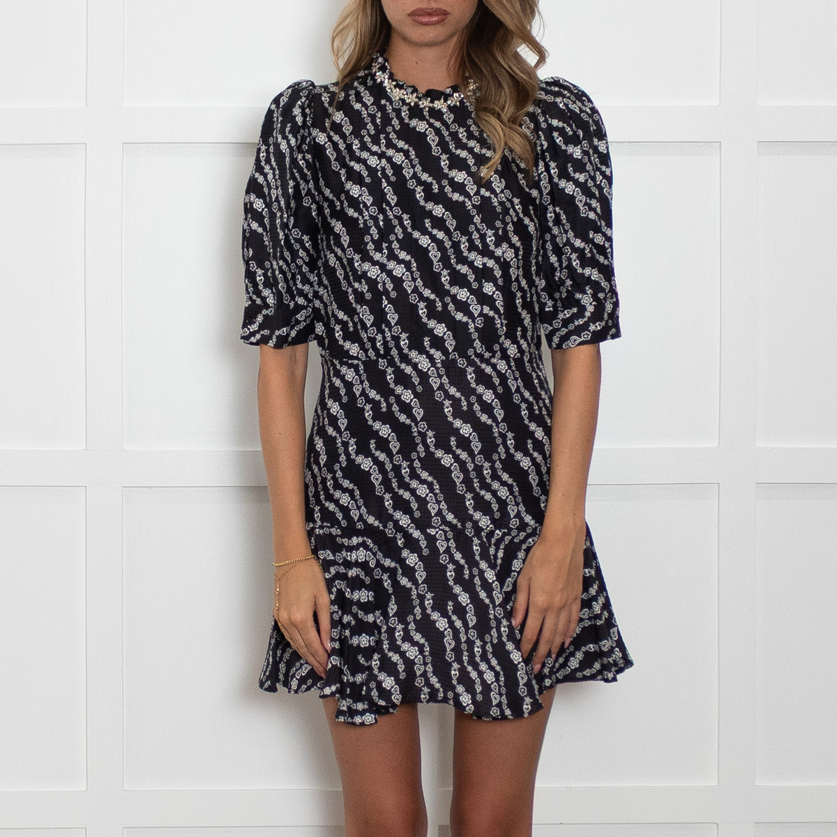 Sandro Black and White Patterned Puff Sleeve Mini Dress with Jewelled Collar