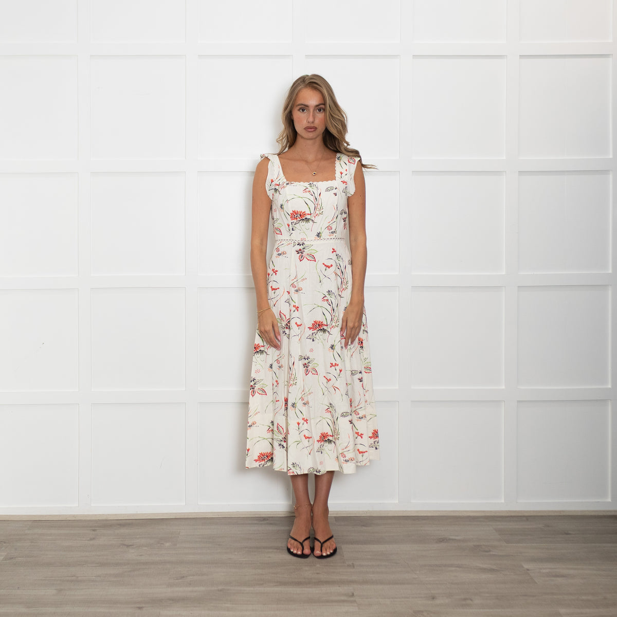 Me + Em White Linen Midi Dress with Green and Red Flowers