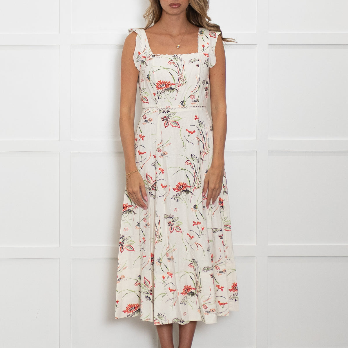 Me + Em White Linen Midi Dress with Green and Red Flowers