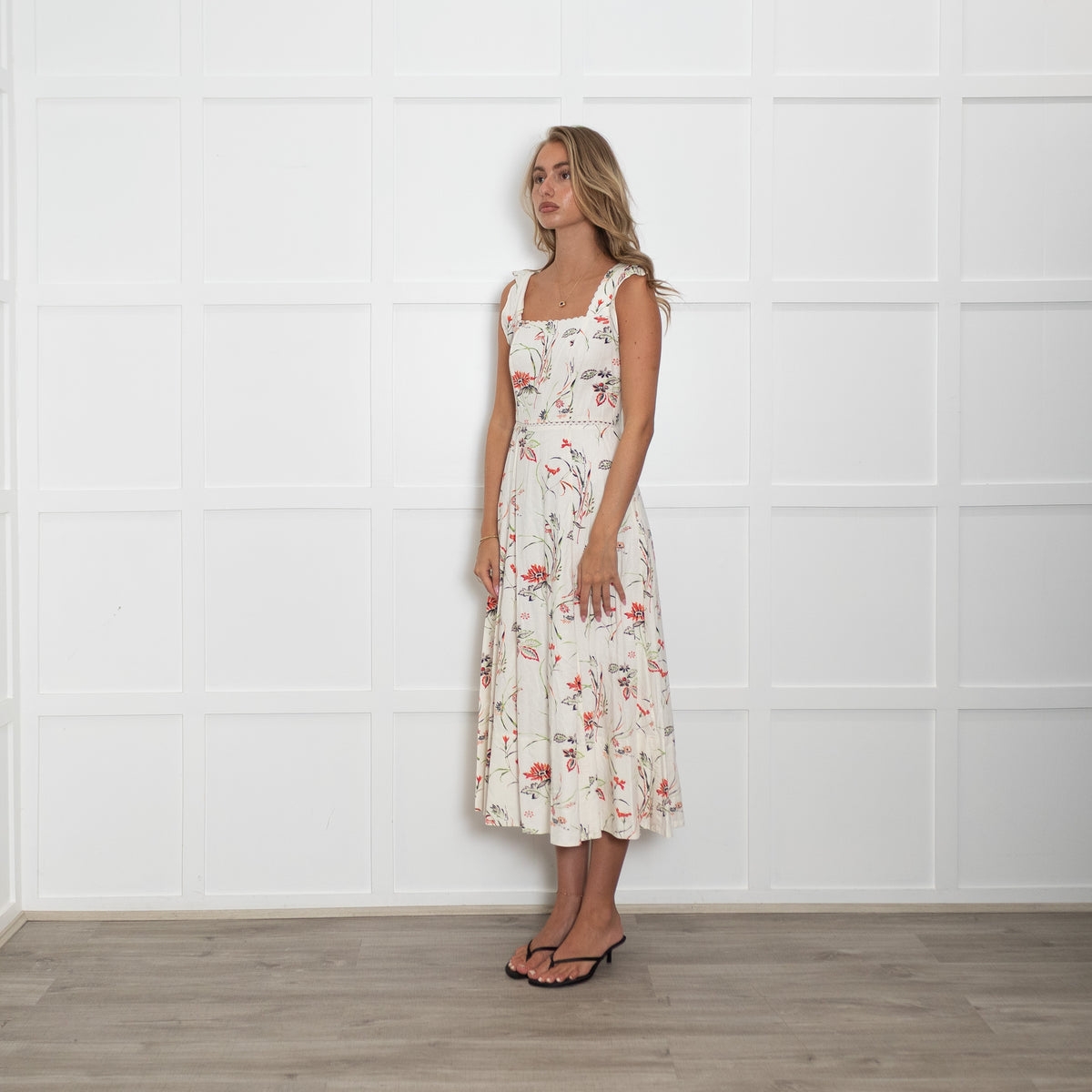 Me + Em White Linen Midi Dress with Green and Red Flowers