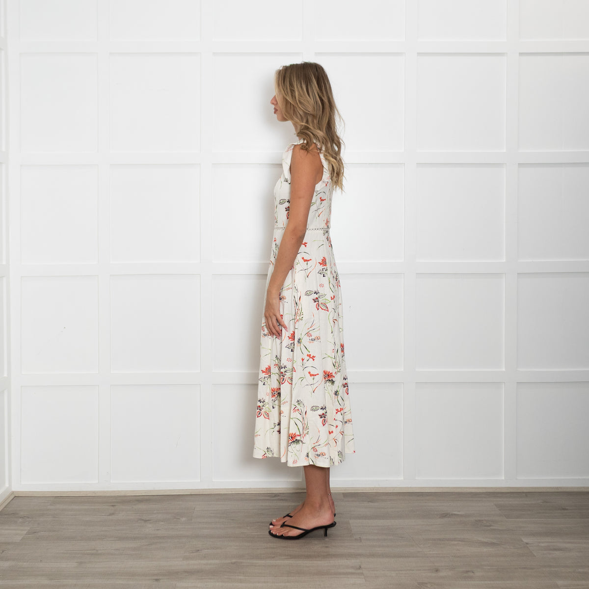 Me + Em White Linen Midi Dress with Green and Red Flowers
