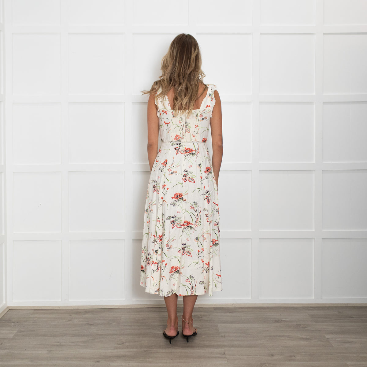 Me + Em White Linen Midi Dress with Green and Red Flowers