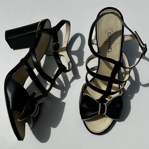 Chanel Black Faux Pearl Trim Bow Sandals