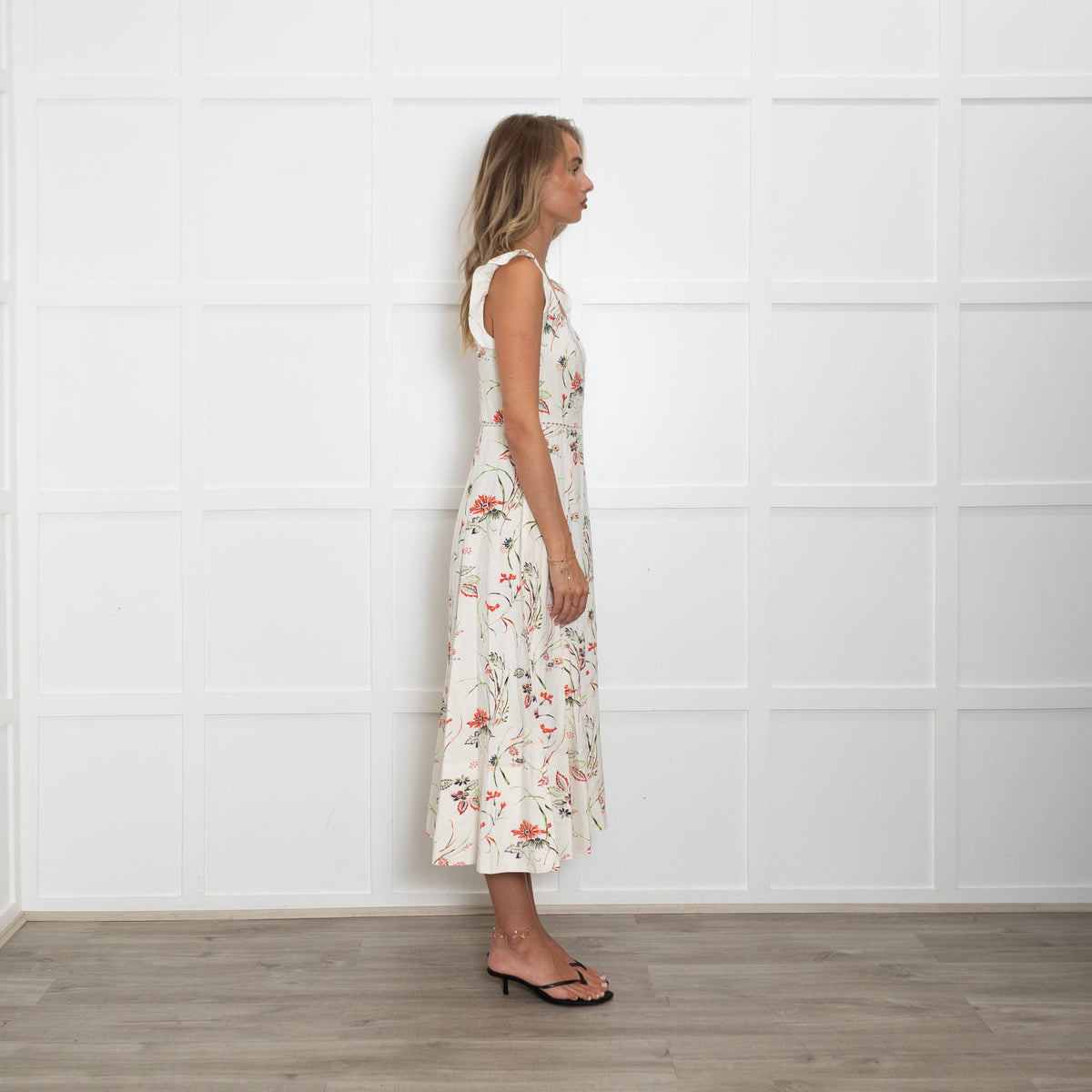 Me + Em White Linen Midi Dress with Green and Red Flowers