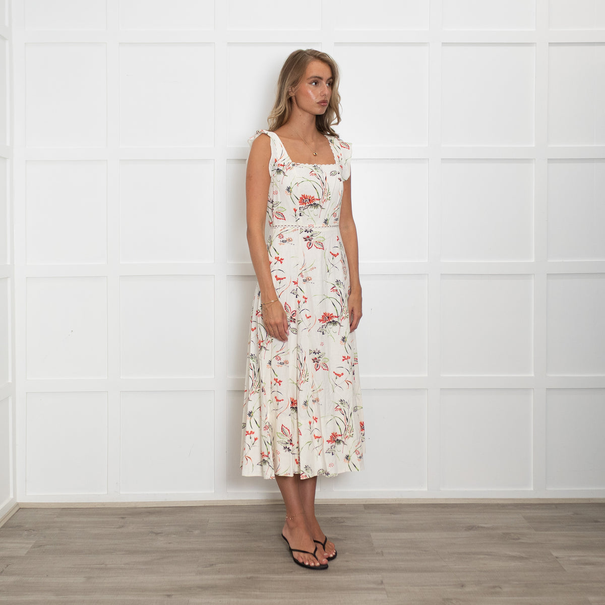 Me + Em White Linen Midi Dress with Green and Red Flowers