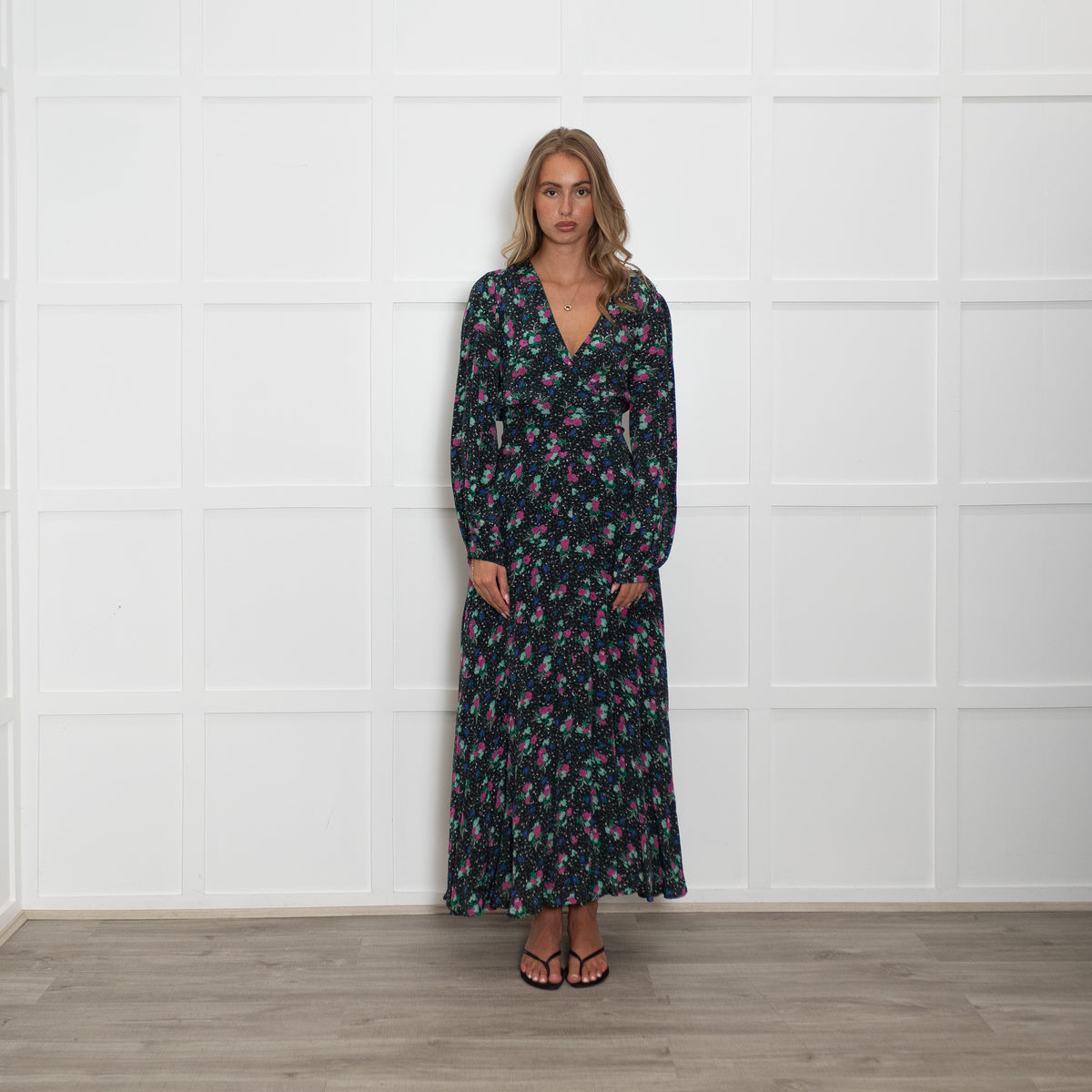 Essentiel Antwerp Black Pink Green Floral Tie Waist Dress