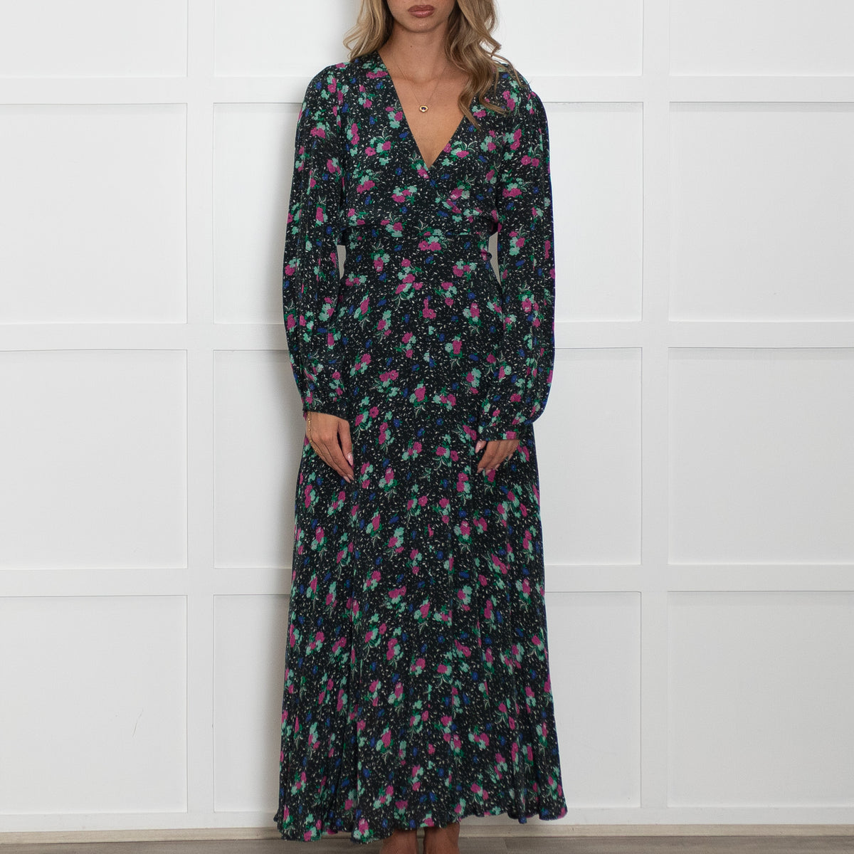 Essentiel Antwerp Black Pink Green Floral Tie Waist Dress