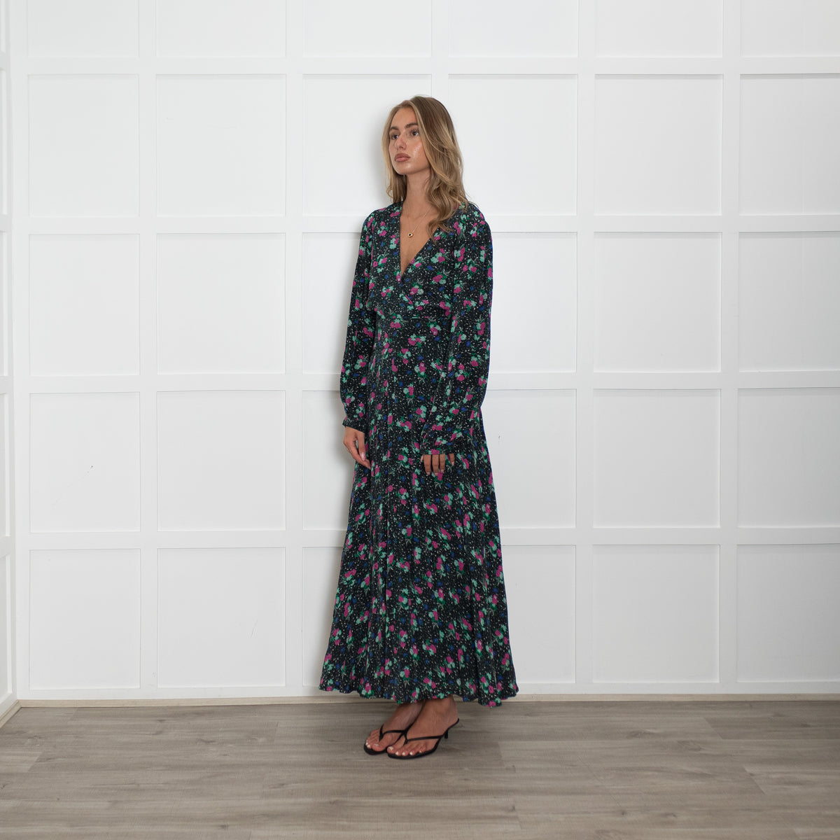 Essentiel Antwerp Black Pink Green Floral Tie Waist Dress