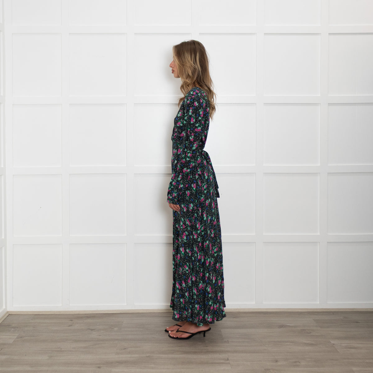 Essentiel Antwerp Black Pink Green Floral Tie Waist Dress