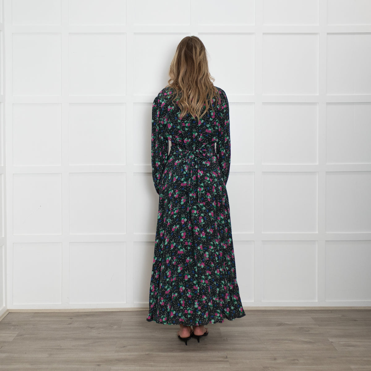 Essentiel Antwerp Black Pink Green Floral Tie Waist Dress