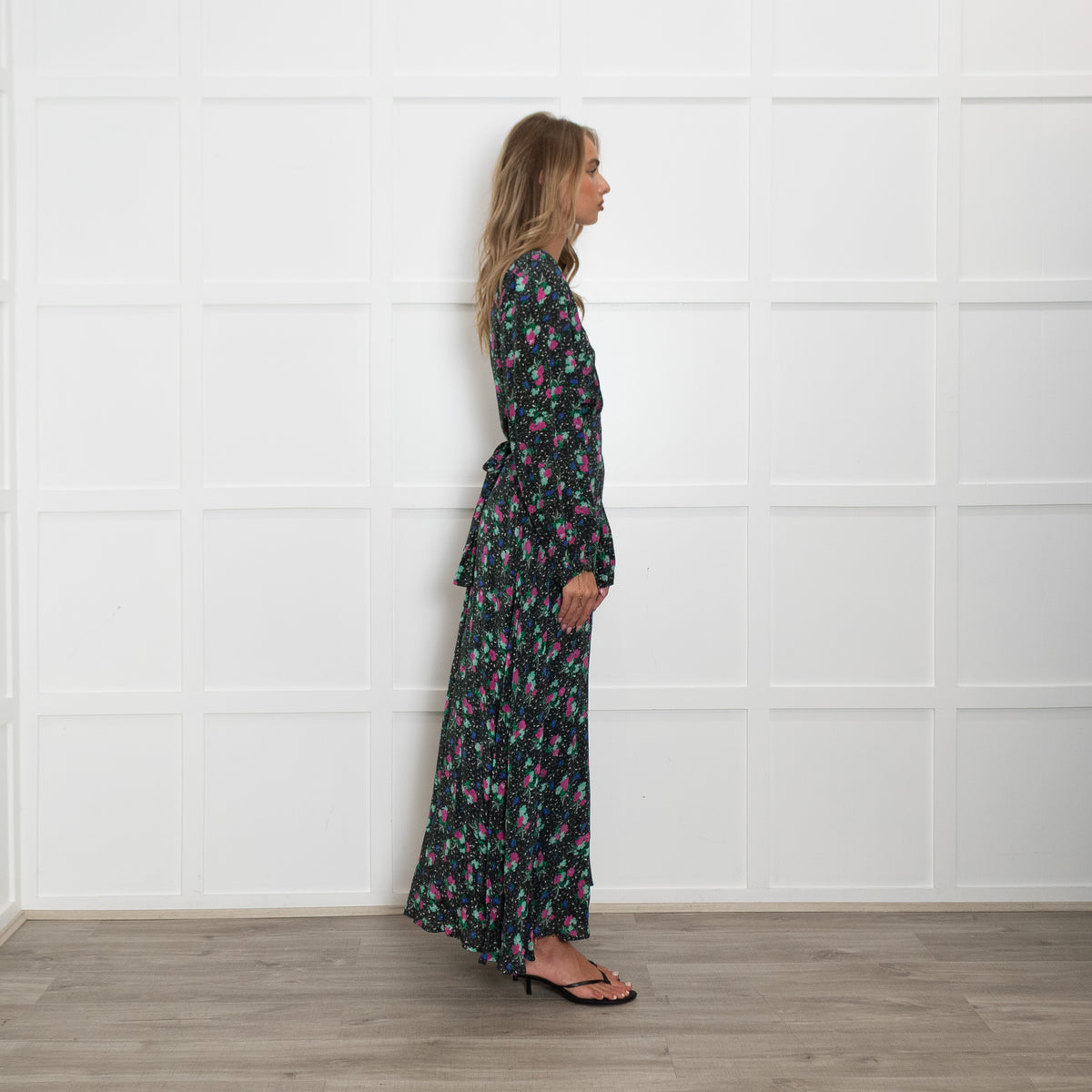 Essentiel Antwerp Black Pink Green Floral Tie Waist Dress