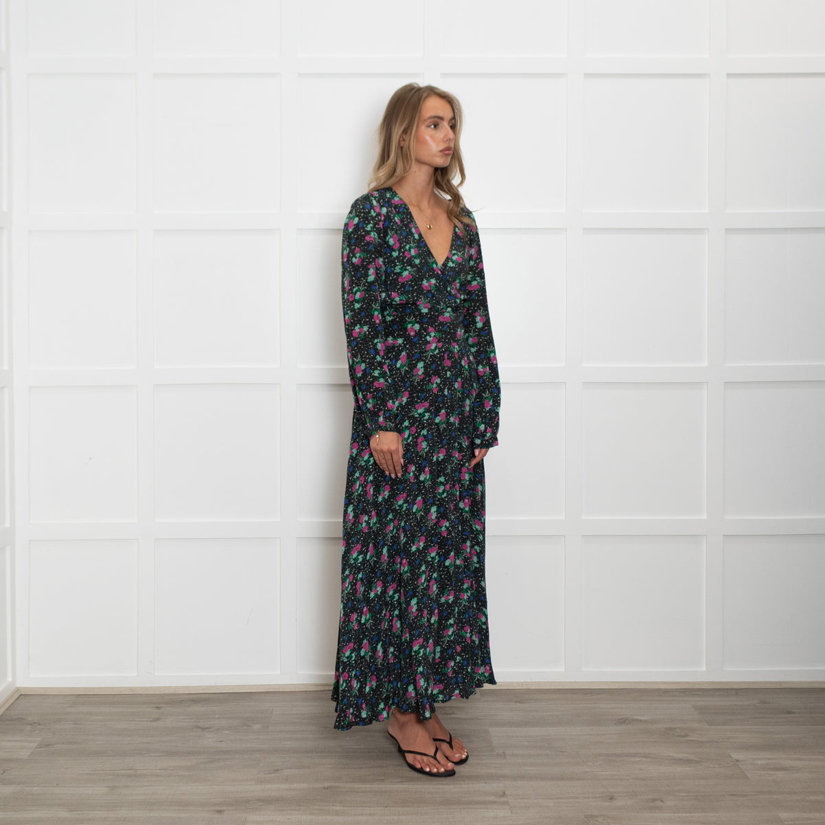 Essentiel Antwerp Black Pink Green Floral Tie Waist Dress
