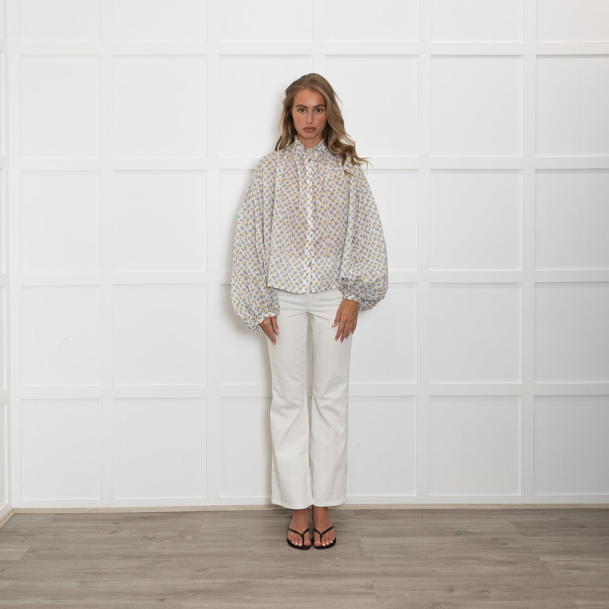 Thierry Colson White Cotton Blue and Yellow Frill Neck Tops