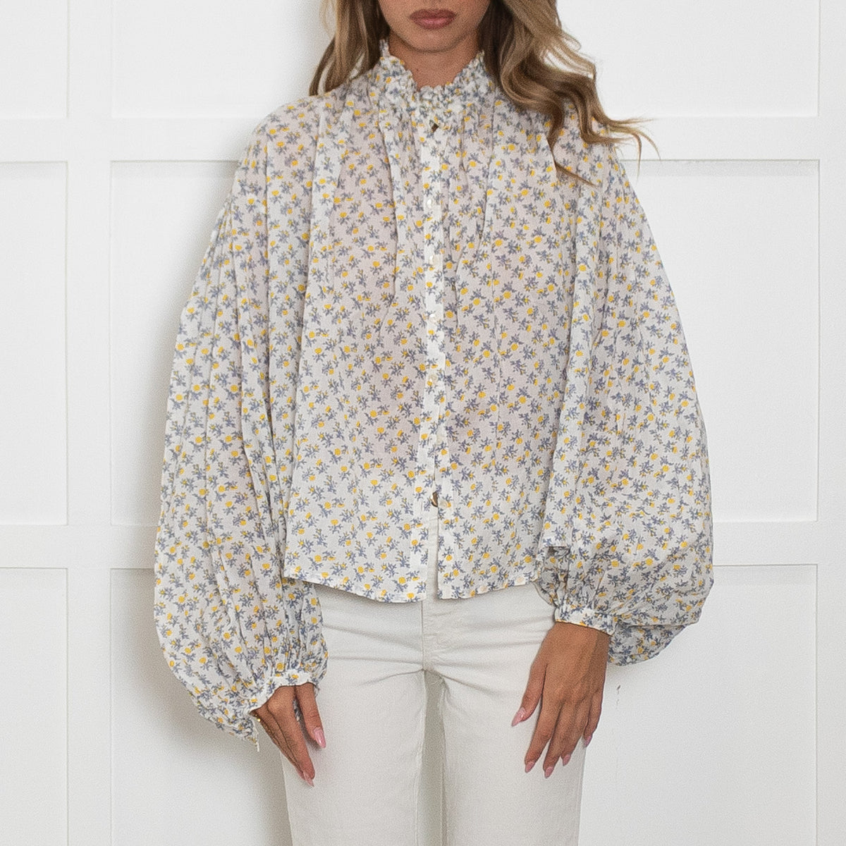 Thierry Colson White Cotton Blue and Yellow Frill Neck Tops