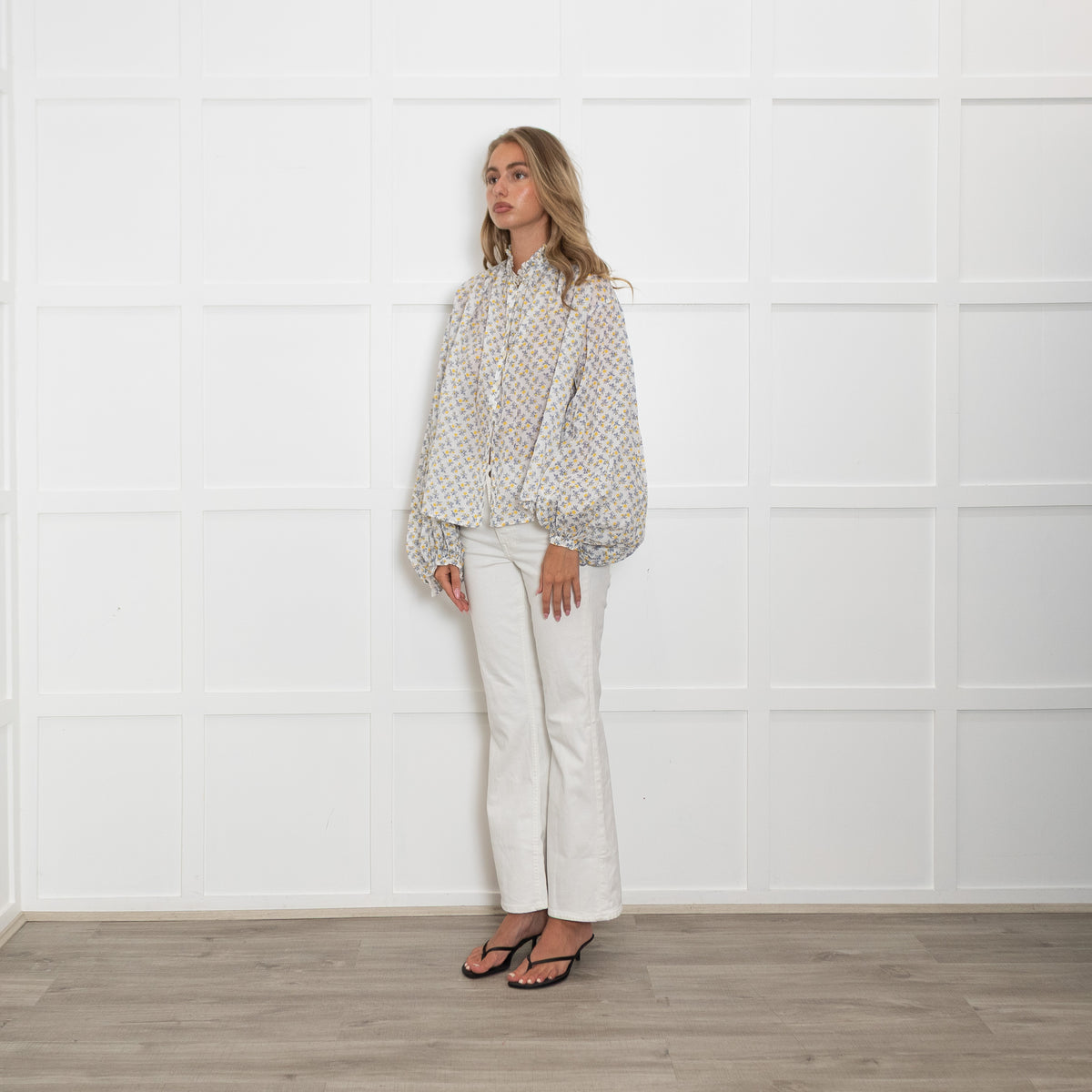 Thierry Colson White Cotton Blue and Yellow Frill Neck Tops