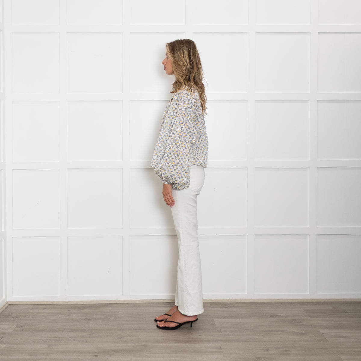 Thierry Colson White Cotton Blue and Yellow Frill Neck Tops