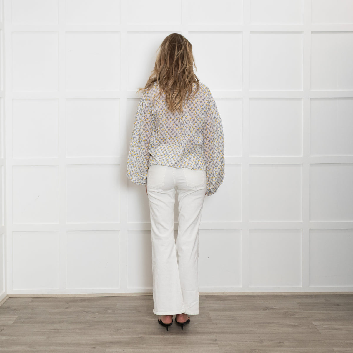 Thierry Colson White Cotton Blue and Yellow Frill Neck Tops