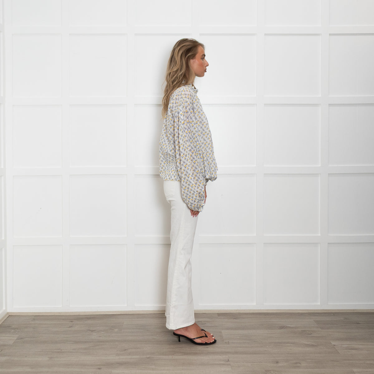 Thierry Colson White Cotton Blue and Yellow Frill Neck Tops