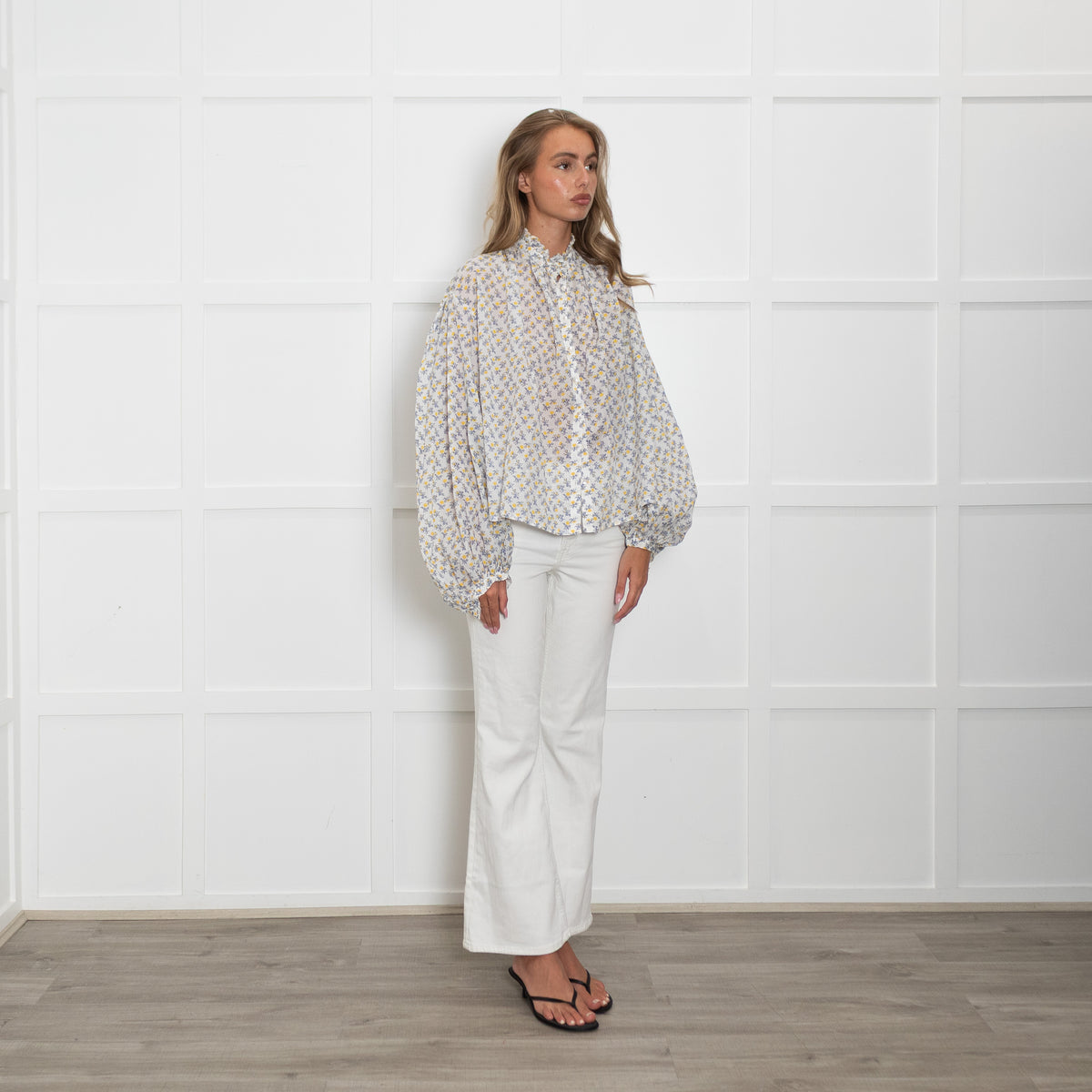 Thierry Colson White Cotton Blue and Yellow Frill Neck Tops