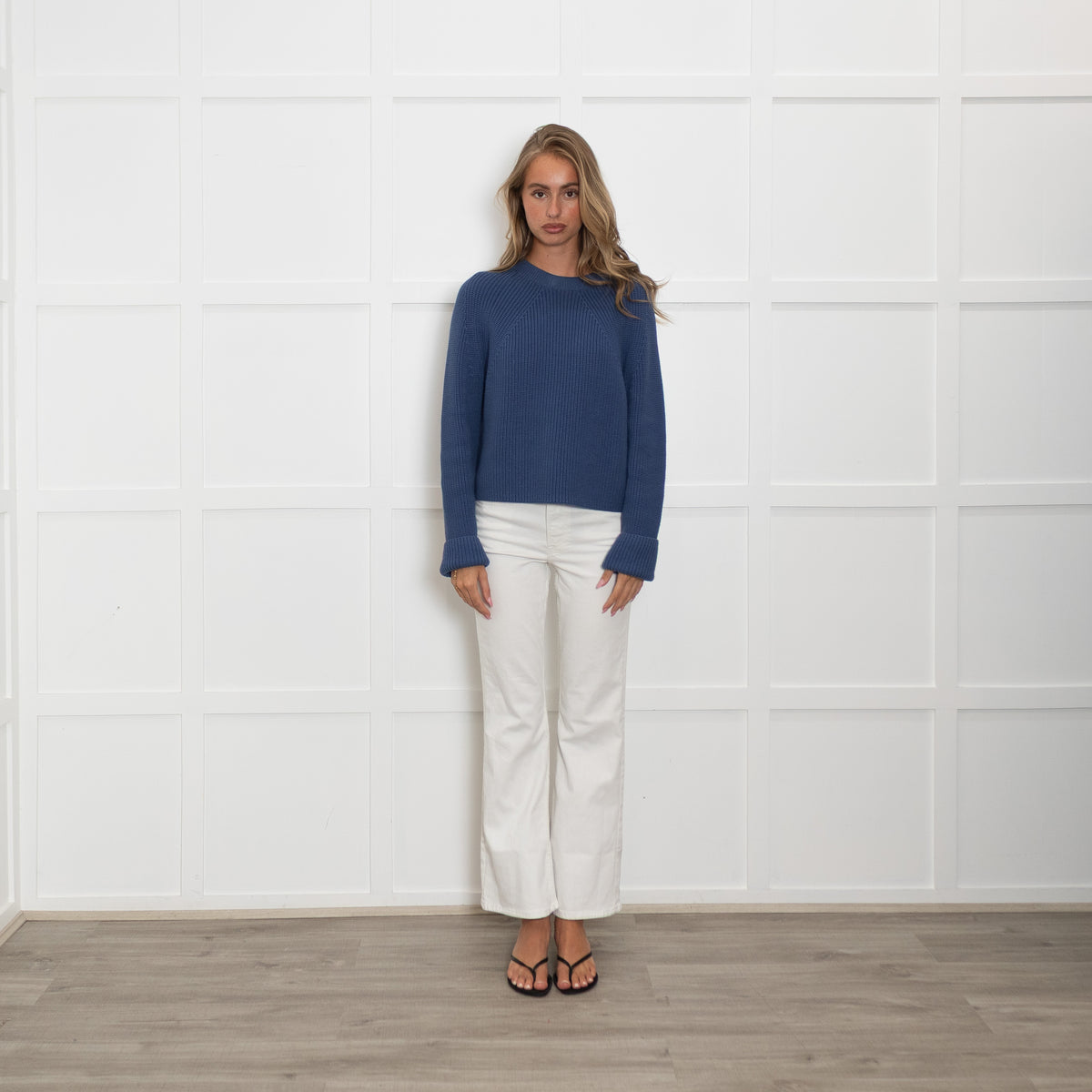 White + Warren Blue Chunky Knit Cotton Jumper