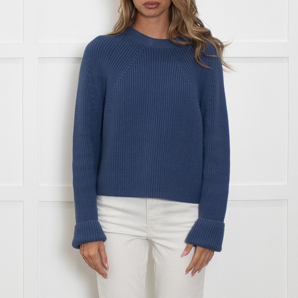 White + Warren Blue Chunky Knit Cotton Jumper