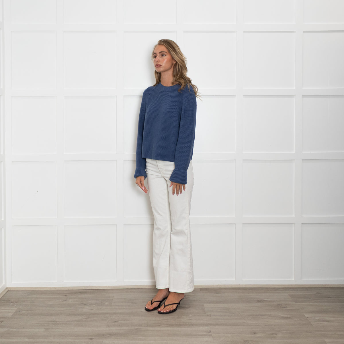 White + Warren Blue Chunky Knit Cotton Jumper