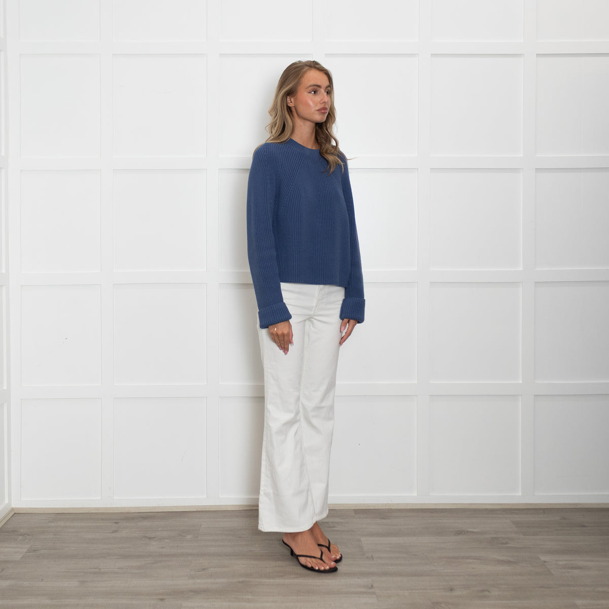 White + Warren Blue Chunky Knit Cotton Jumper