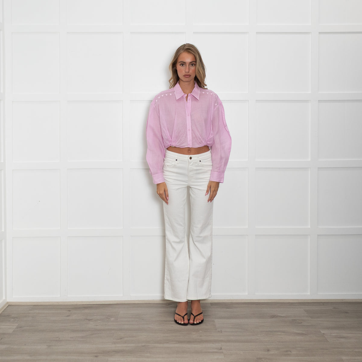Maje Pink Embroidered Waist Crop Shirt