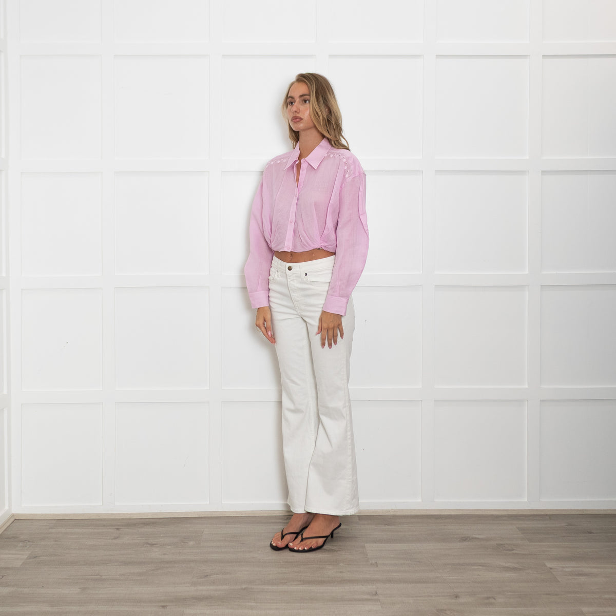 Maje Pink Embroidered Waist Crop Shirt