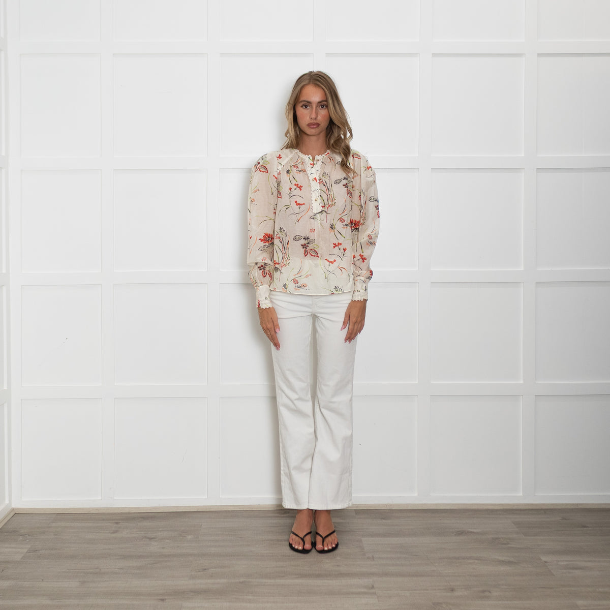 Me + Em Cream Blouse with Green and Red Flowers