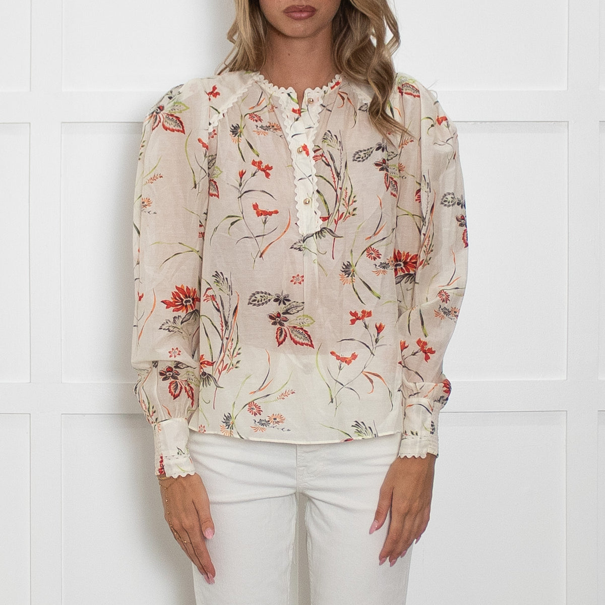 Me + Em Cream Blouse with Green and Red Flowers