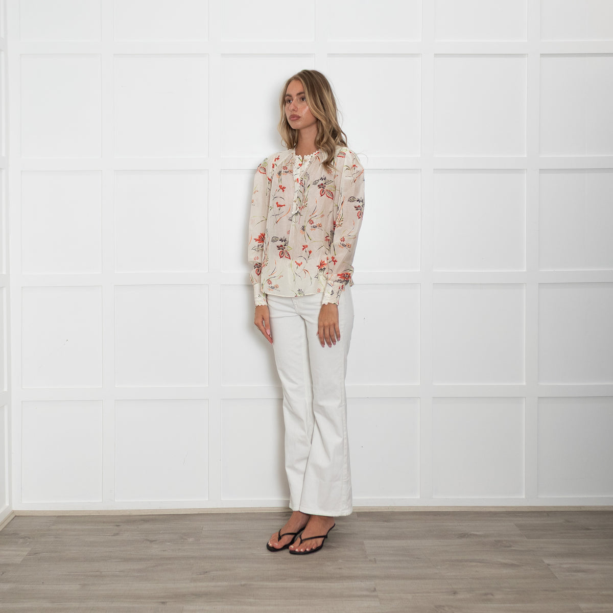 Me + Em Cream Blouse with Green and Red Flowers