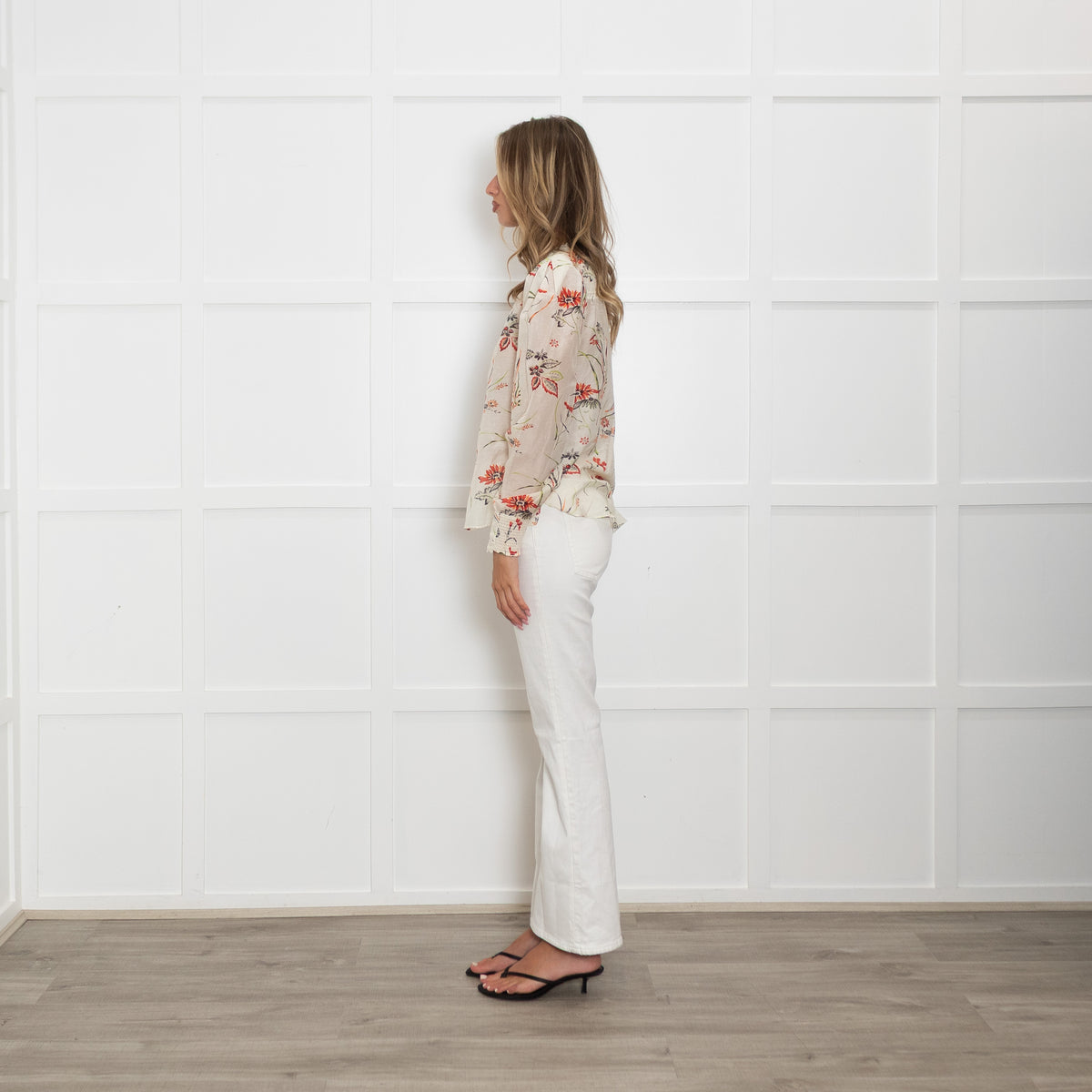 Me + Em Cream Blouse with Green and Red Flowers