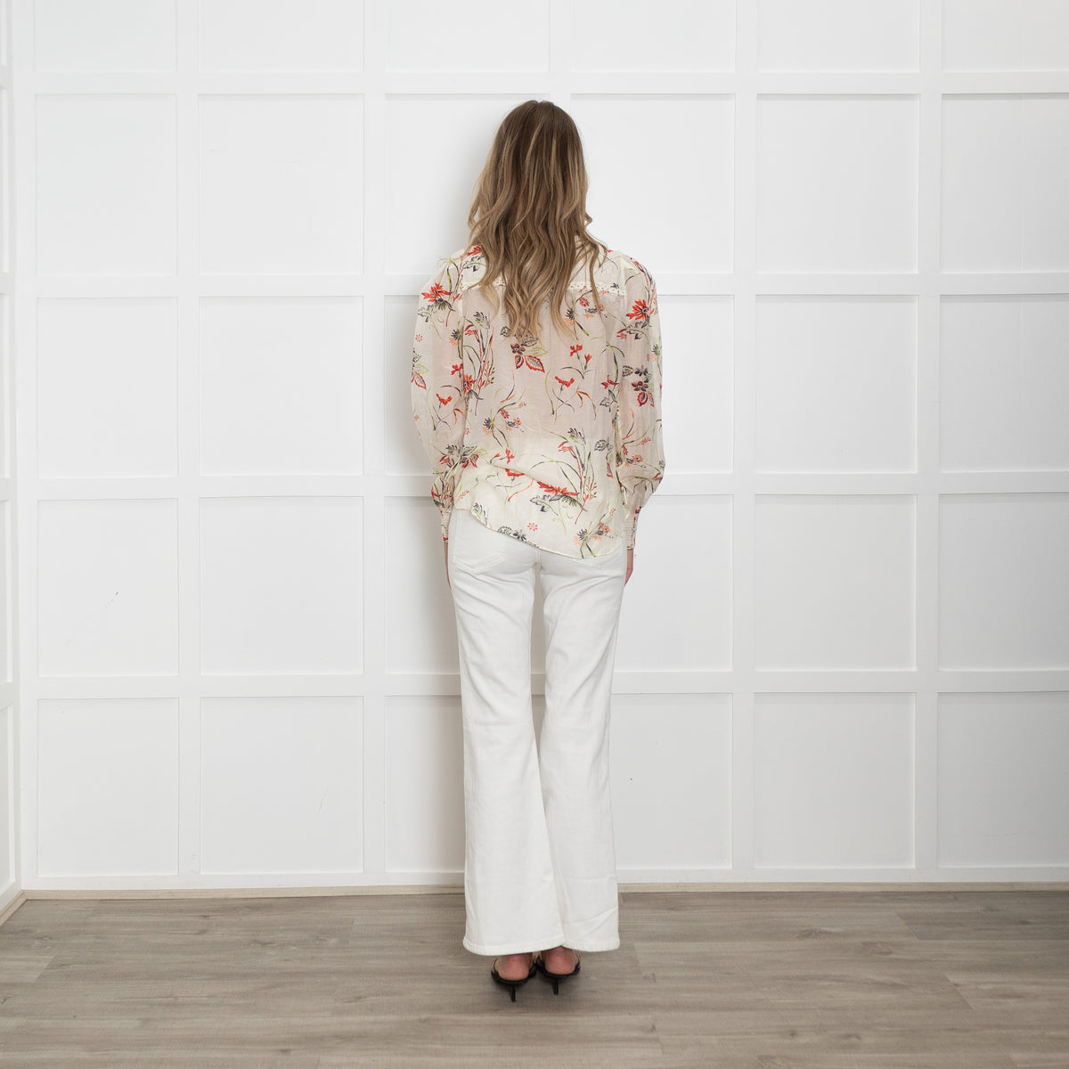 Me + Em Cream Blouse with Green and Red Flowers