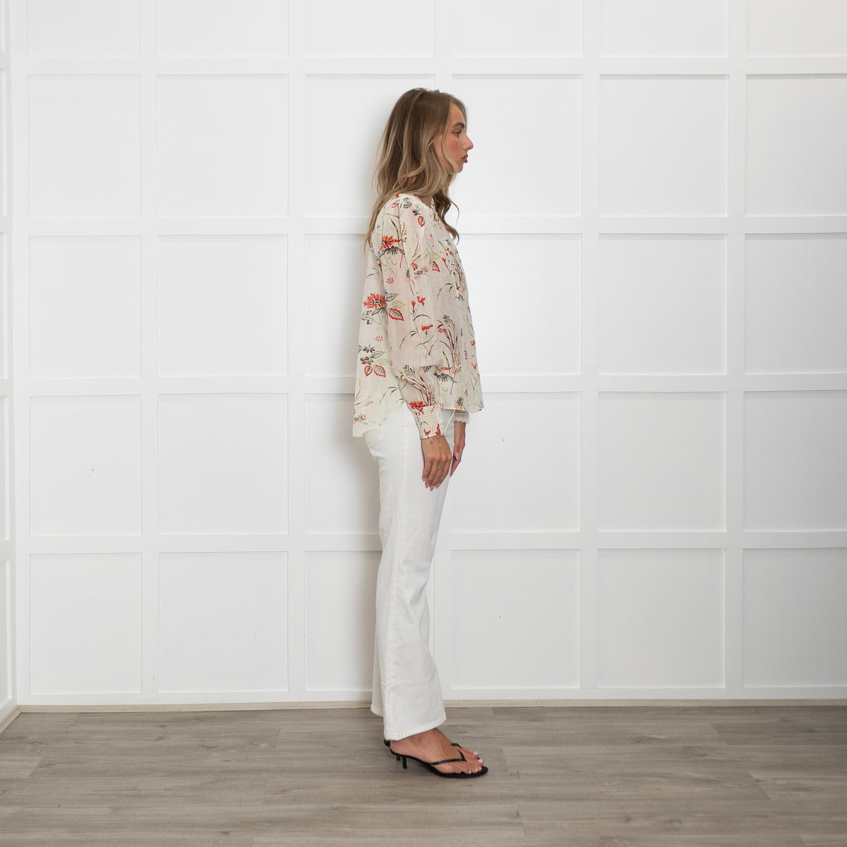 Me + Em Cream Blouse with Green and Red Flowers