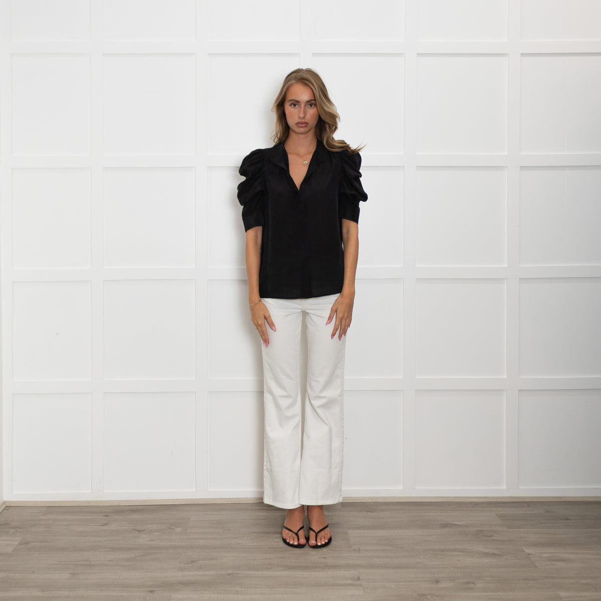 Frame Black 100% Silk Blouse With Puff Sleeves