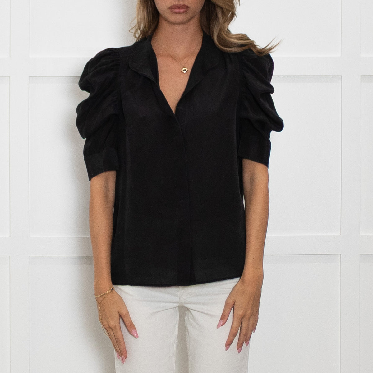 Frame Black 100% Silk Blouse With Puff Sleeves