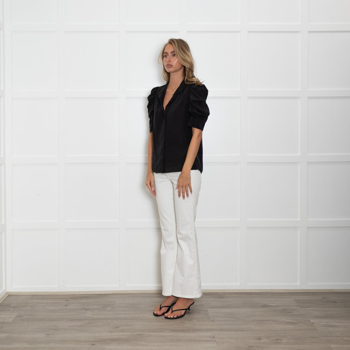Frame Black 100% Silk Blouse With Puff Sleeves