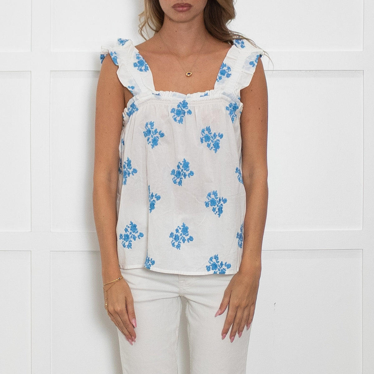Second Female White Short Top with Blue Embroidery