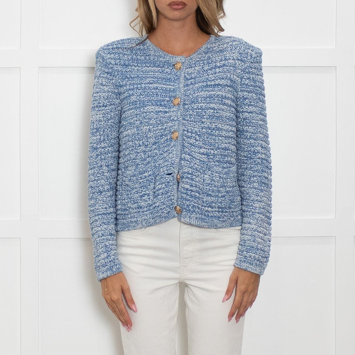 Ba&sh Blue Crochet Weave Collarless Jacket